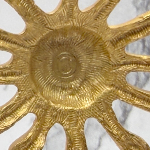 Matte Gold Sun Face Dangle Earrings 2" Drop Celestial Signed "C" - Picture 5 of 8